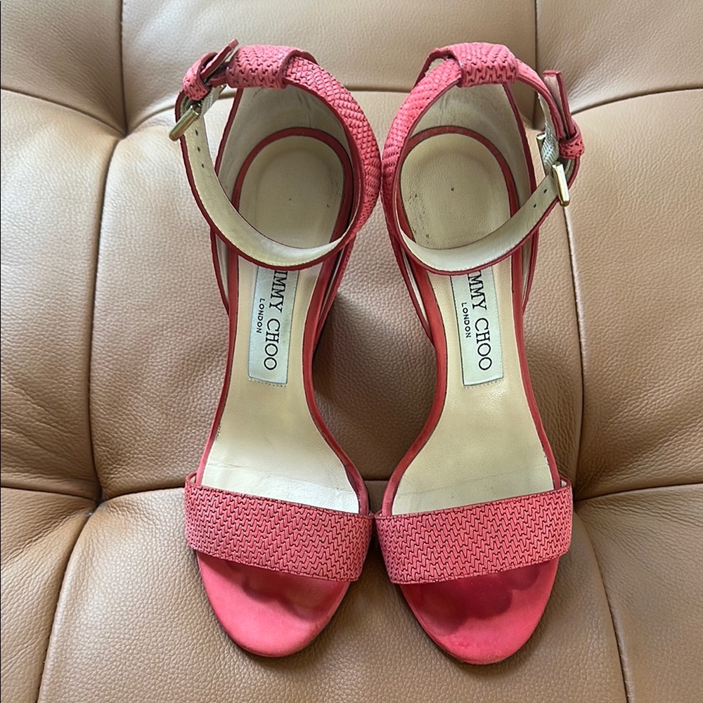 Jimmy Choo Pink Heels with Ankle Strap and Textured Design